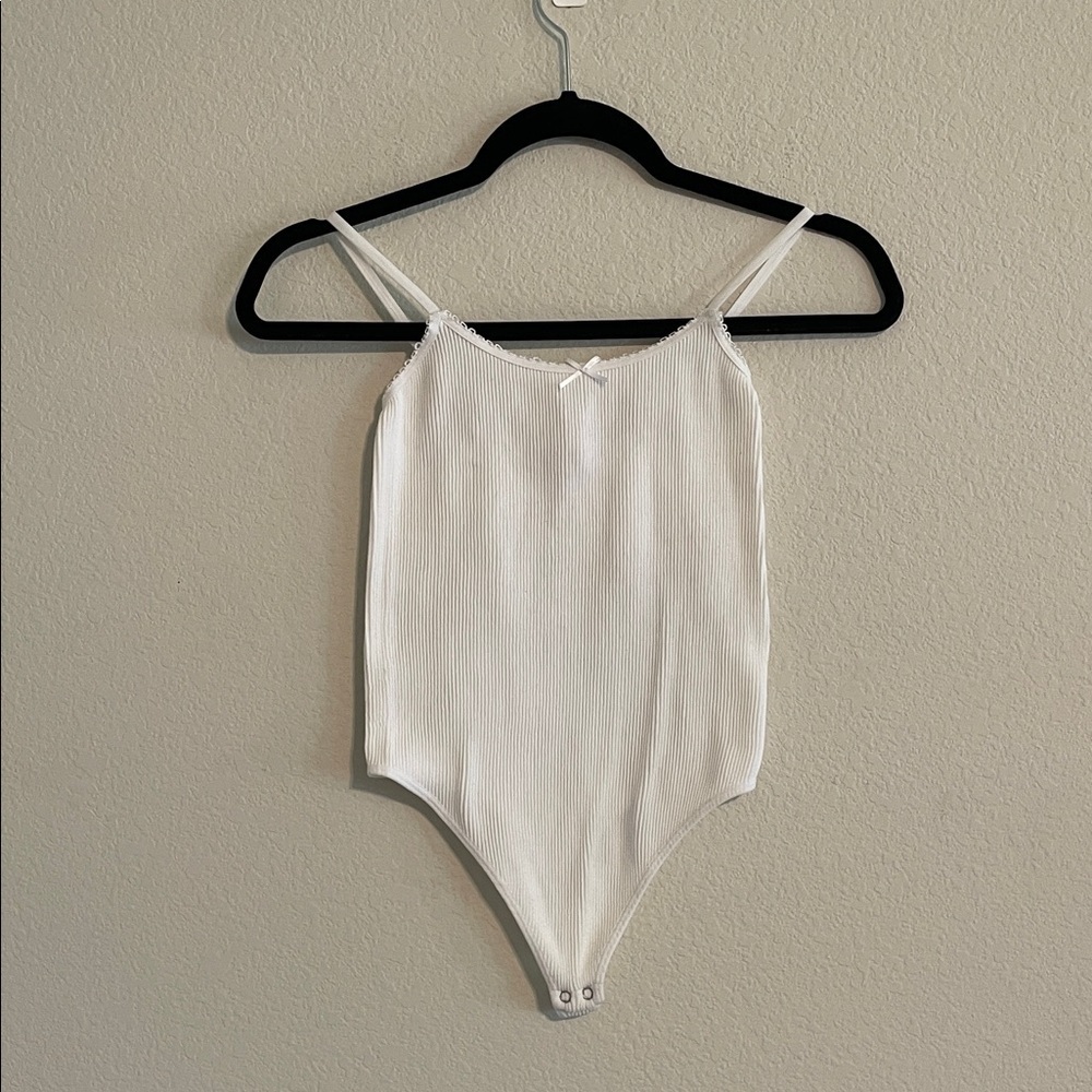 Altar’d State Women White Ribbed Bodysuit Medium Large Stretch Spandex Casual